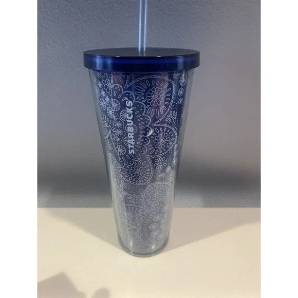Starbucks | Dining | 29 Starbucks Blue White Floral Succulent Paisley Cold  Cup Venti 24oz Tumbler | Poshmark